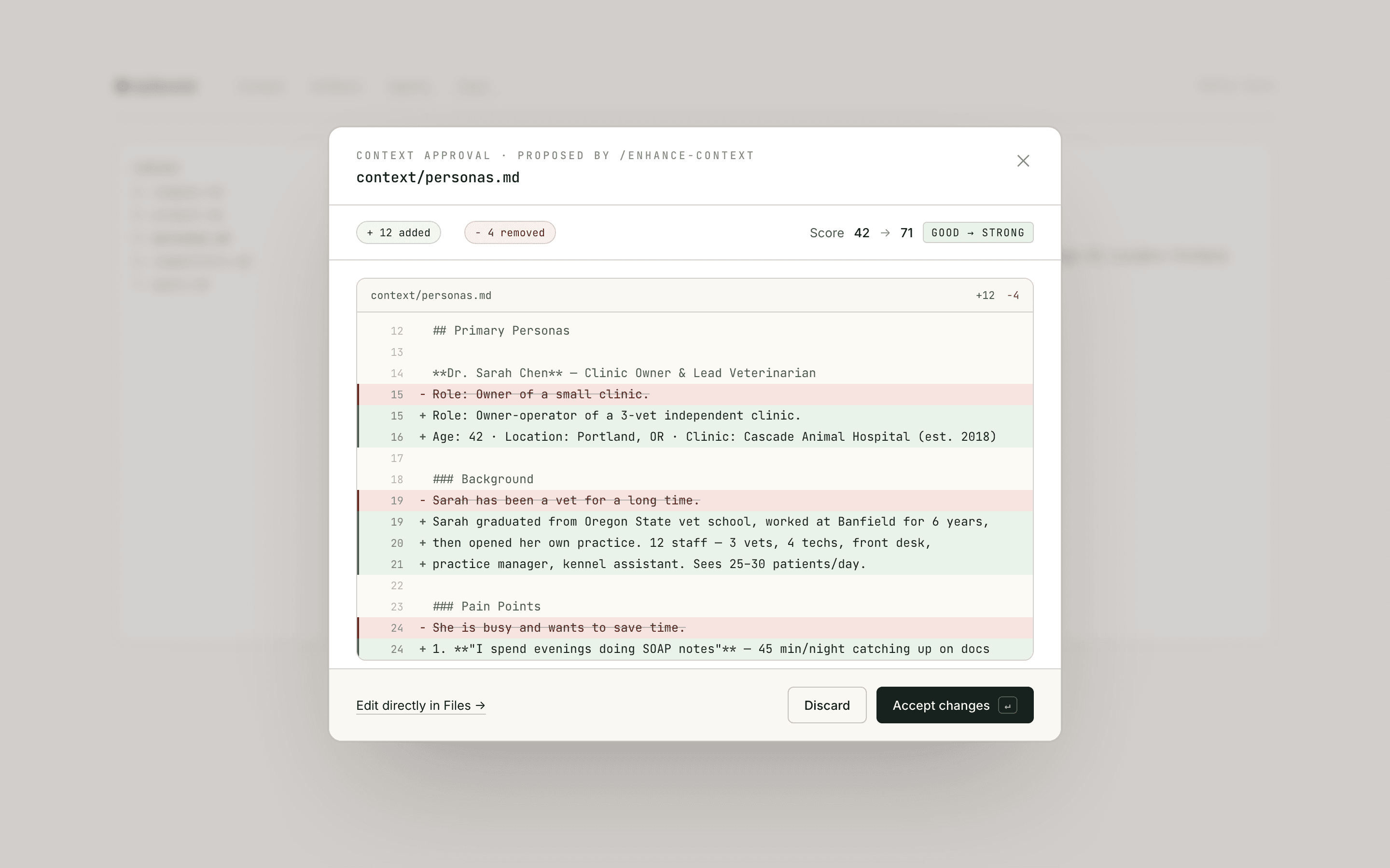 mySecond context approval modal — diff view showing PM-proposed change to personas.md with approve and reject controls